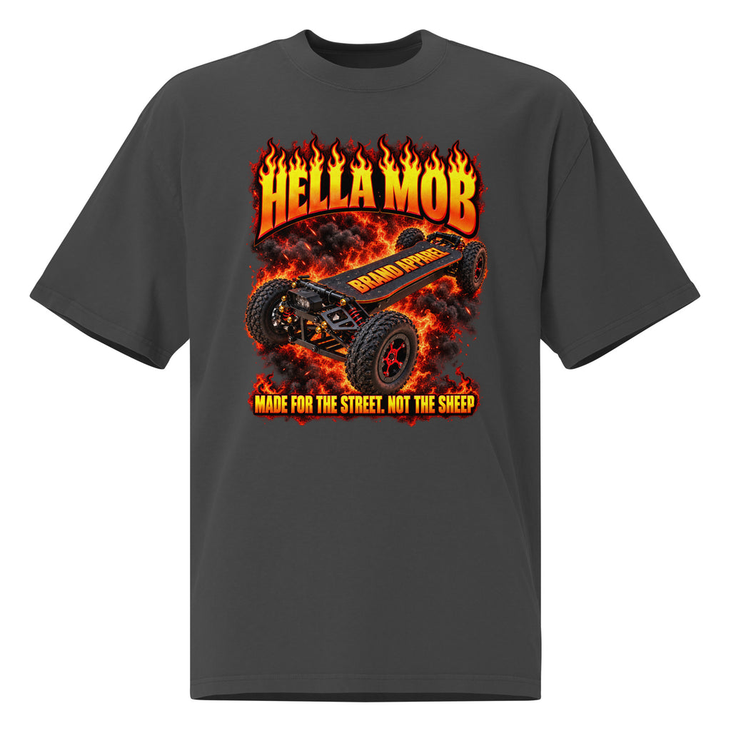 HELLA MOB electric longboard graphic T-shirt featuring a rugged 4x4 off-road skateboard