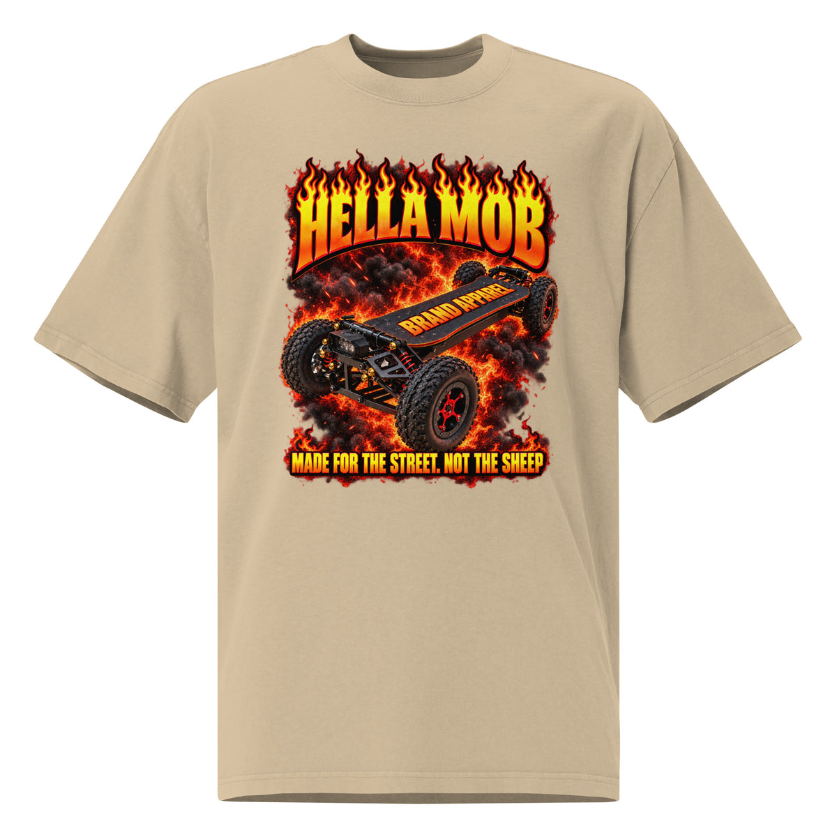 Tan HELLA MOB electric skateboard graphic tee with all-terrain 4x4 longboard