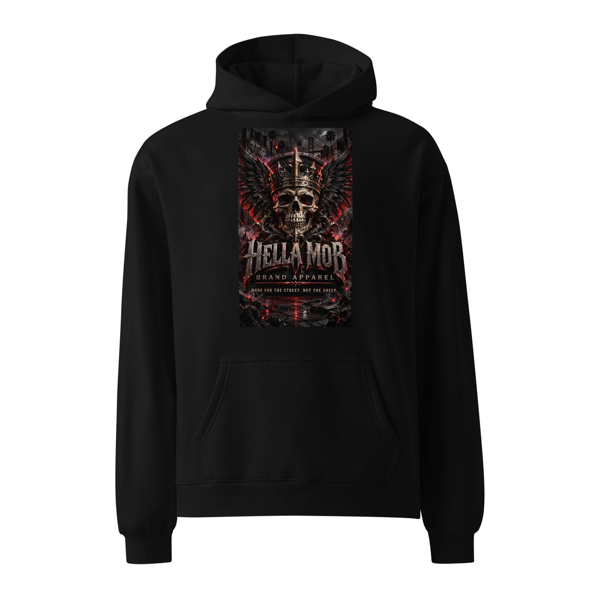 Product mockupBlack HELLA MOB Brand Apparel graphic streetwear hoodie with bold front design
